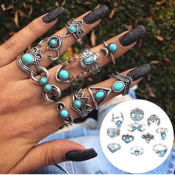 NEW TURQUOISE STACK BOHO VINTAGE STYLE RING SET - Picture 4 of 5
